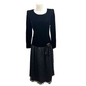 LANZ Originals Vintage 70s Black Dress Velvet Longsleeve Top Lace Skirt sz 8